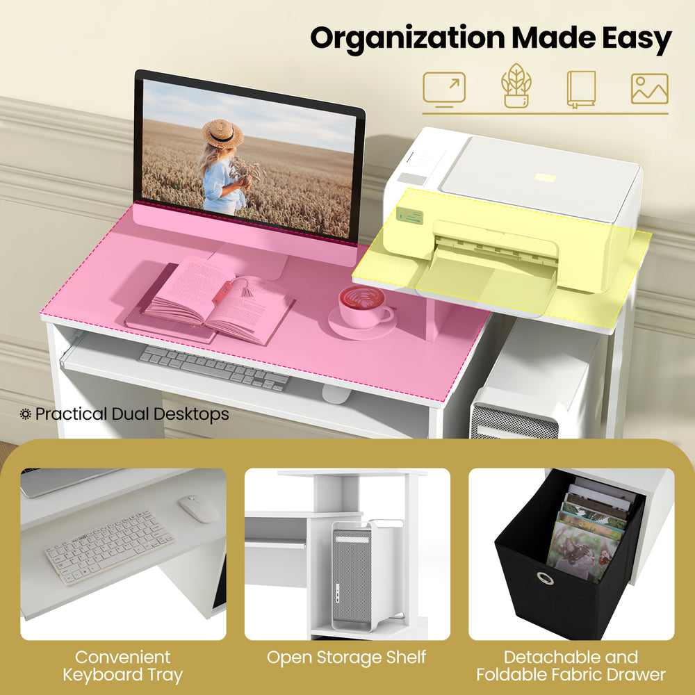 Space-saving white computer desk with pull-out keyboard tray, open storage shelf, and detachable fabric drawer for.
