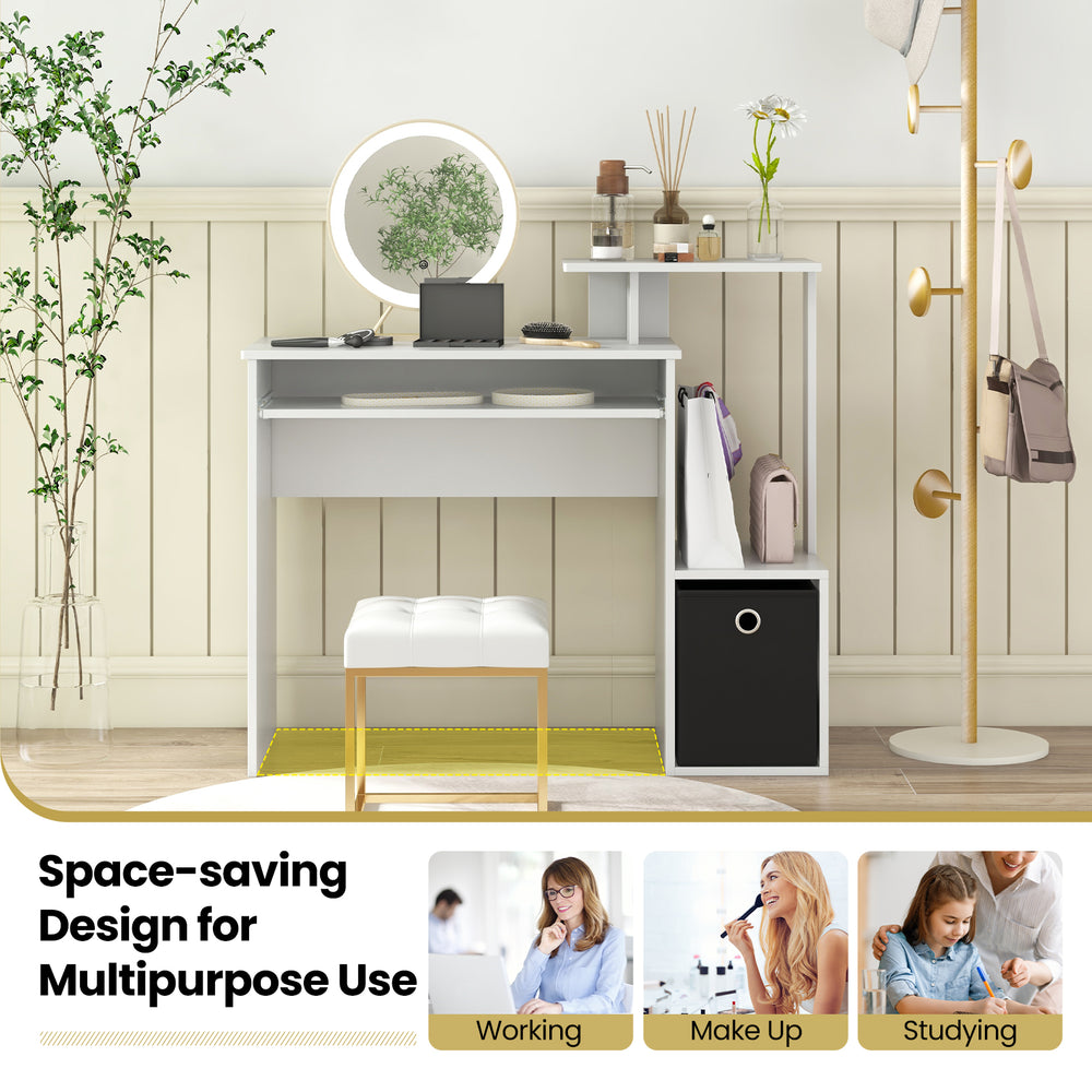 Compact white computer desk with pull-out keyboard tray and storage solutions for working, studying, and gaming.