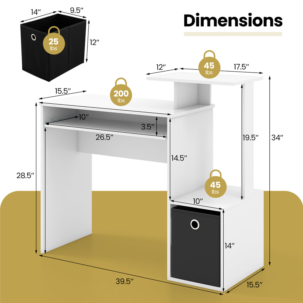 Space-saving computer desk in white with pull-out keyboard tray and removable storage bin, ideal for small spaces.
