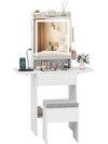 Space-saving vanity desk with LED-lit mirror, adjustable shelf, and hidden storage, perfect for bedroom organization.