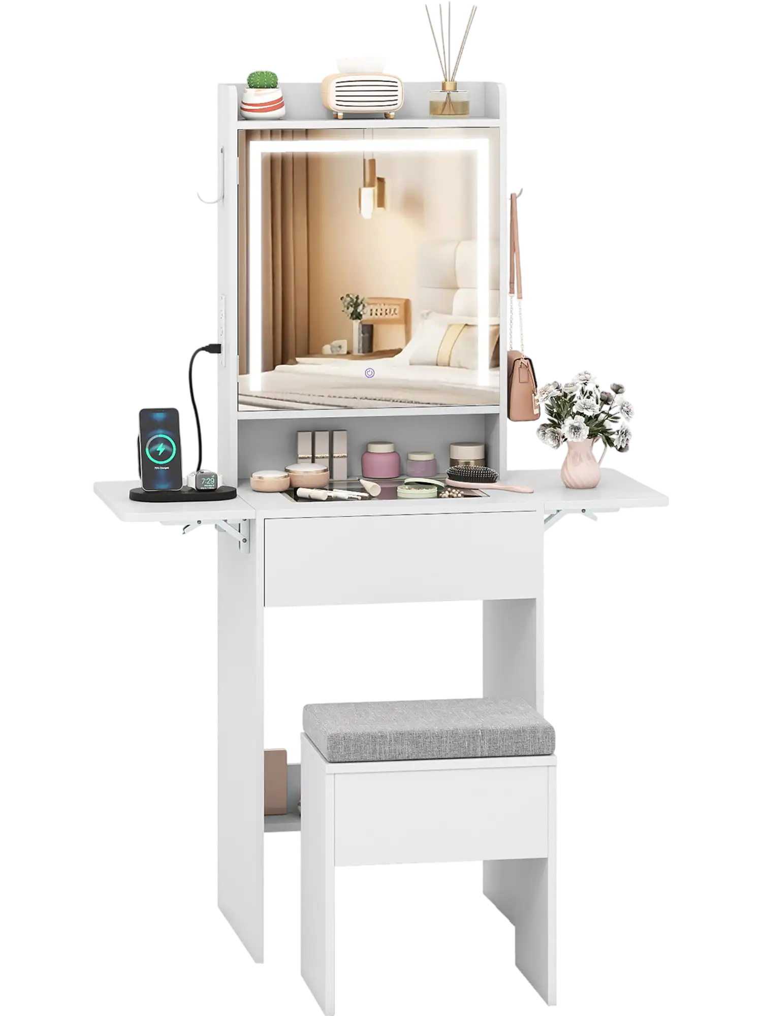 Costway Space-Saving Vanity Desk w/ Mirror & Lights Bedroom Makeup Vanity 26402434 New