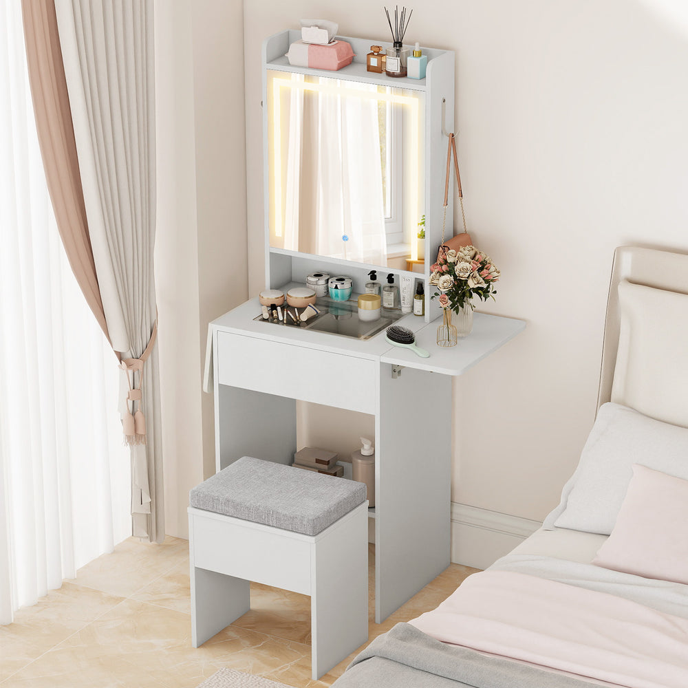 Space-saving Vanity Desk with Mirror and Lights for Bedroom-White - Gallery View 1 of 11