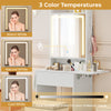 LED-lit mirror with 3 color temperatures on a space-saving vanity desk, ideal for makeup application in the bedroom.