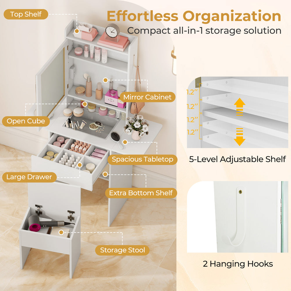 Space-saving vanity desk with LED-lit mirror, adjustable shelves, large drawer, and storage stool for organized beauty.