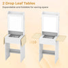 Space-saving vanity desk with LED-lit mirror, foldable drop leaf tables, and spacious storage for bedroom use.