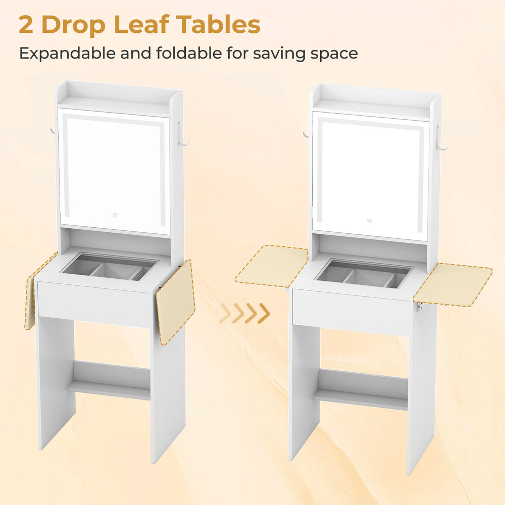 Space-saving vanity desk with LED-lit mirror, foldable drop leaf tables, and spacious storage for bedroom use.