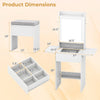 Dimensions of the Space-saving Vanity Desk with Mirror and Lights, featuring adjustable shelves and foldable table.