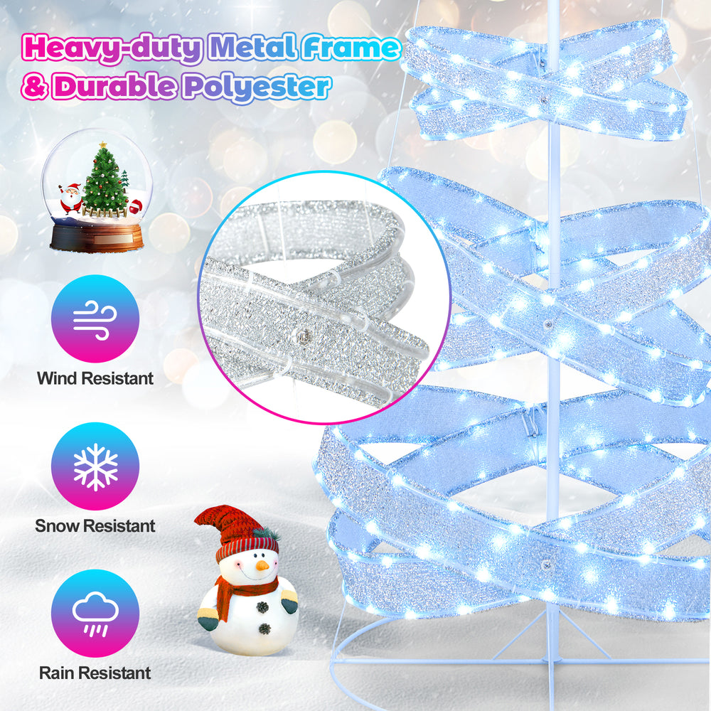 7 feet outdoor spiral Christmas tree with 341 LED lights, durable polyester, and metal frame for festive decorations.