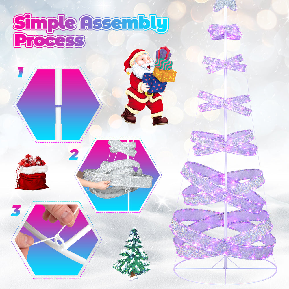 7 feet outdoor spiral Christmas tree with 341 LED lights, featuring a simple assembly process for festive decoration.