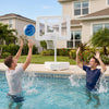 Splash & Shoot pool basketball hoop with adjustable height, sturdy metal frame, and included water balls for outdoor fun.