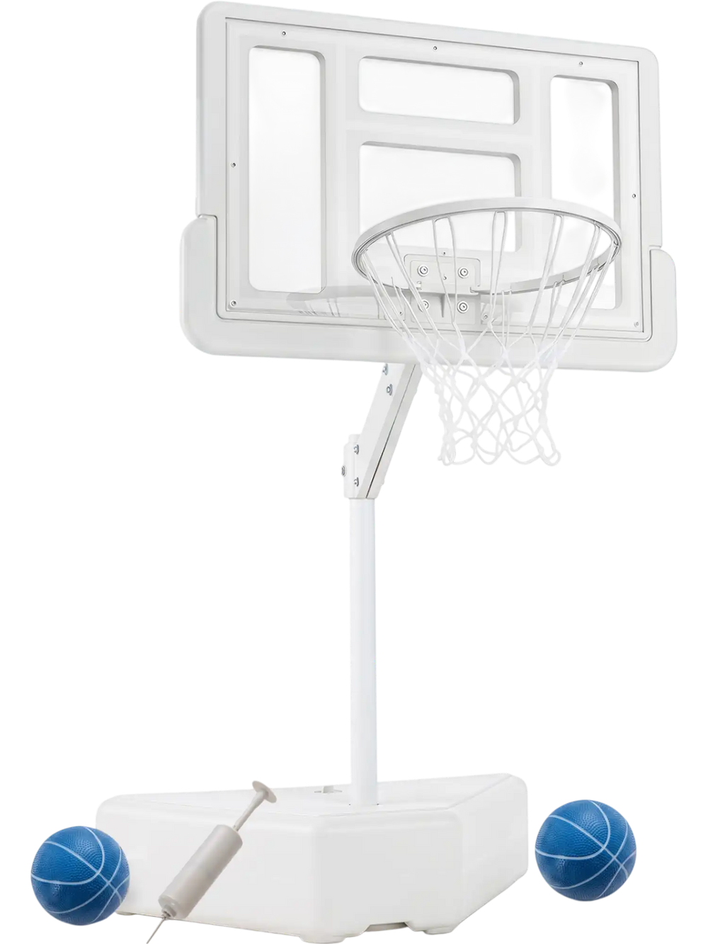 Adjustable Splash & Shoot pool basketball hoop with sturdy backboard, two water balls, and pump for outdoor fun.