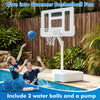 Splash & Shoot Pool Basketball Hoop in white with adjustable height, includes 2 water balls and pump for outdoor fun.