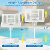 Height-adjustable Splash & Shoot pool basketball hoop with sturdy base, suitable for kids aged 46" to 71" tall.