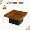 Square coffee table with walnut veneer, featuring a floating quad-section design and dimensions for versatile placement.