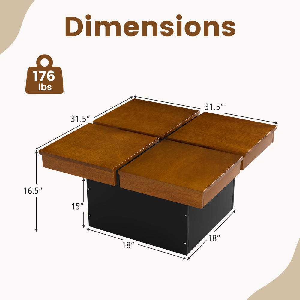 Square coffee table with walnut veneer, featuring a floating quad-section design and dimensions for versatile placement.
