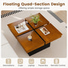 Square coffee table with walnut finish and floating quad-section design, offering ample storage for decor and.