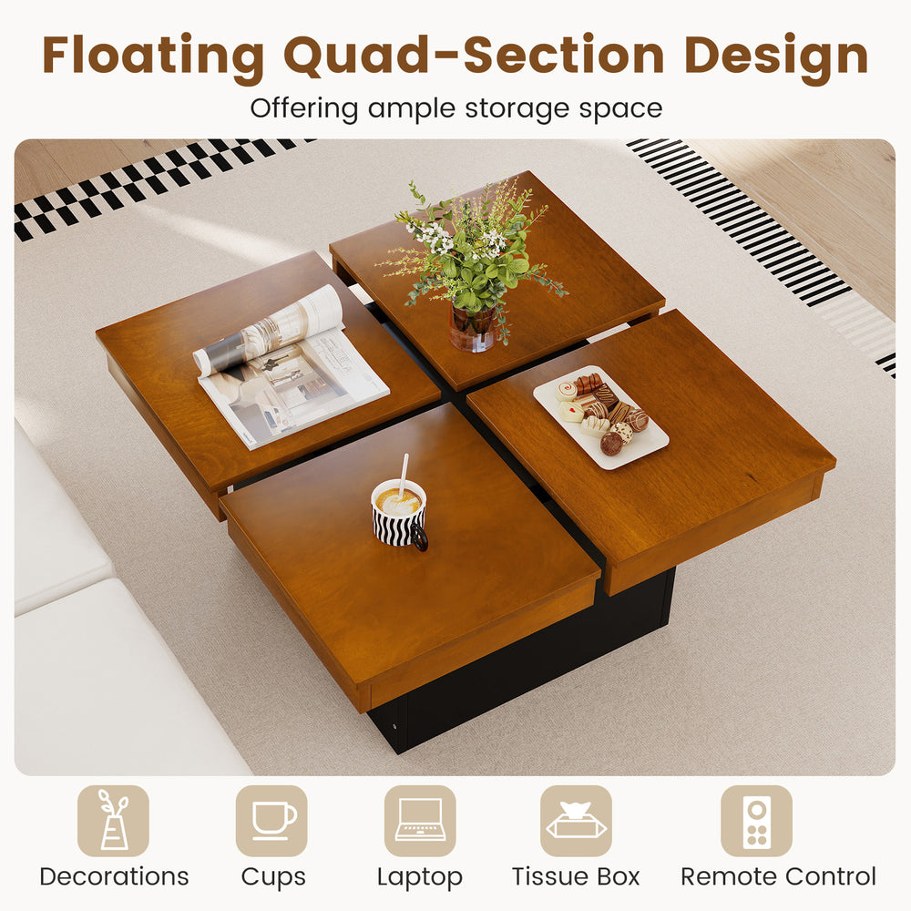 Square coffee table with walnut finish and floating quad-section design, offering ample storage for decor and.