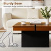 Square coffee table with walnut veneer and sturdy base, featuring a recessed design for safety and ample storage space.