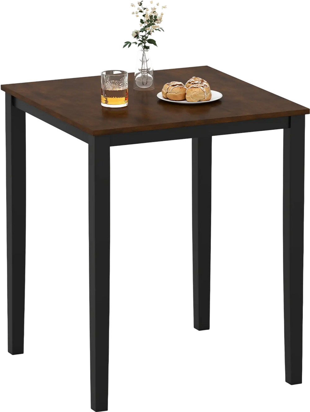 Square dining table with a solid rubber wood frame, featuring a spacious tabletop for meals and gatherings.