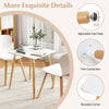 Square dining table with adjustable foot pads, rounded corners, and sturdy X-shaped structure for stability in white.