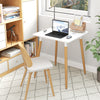 Square dining table with white high-density board surface and adjustable foot pads, ideal for small dining spaces.