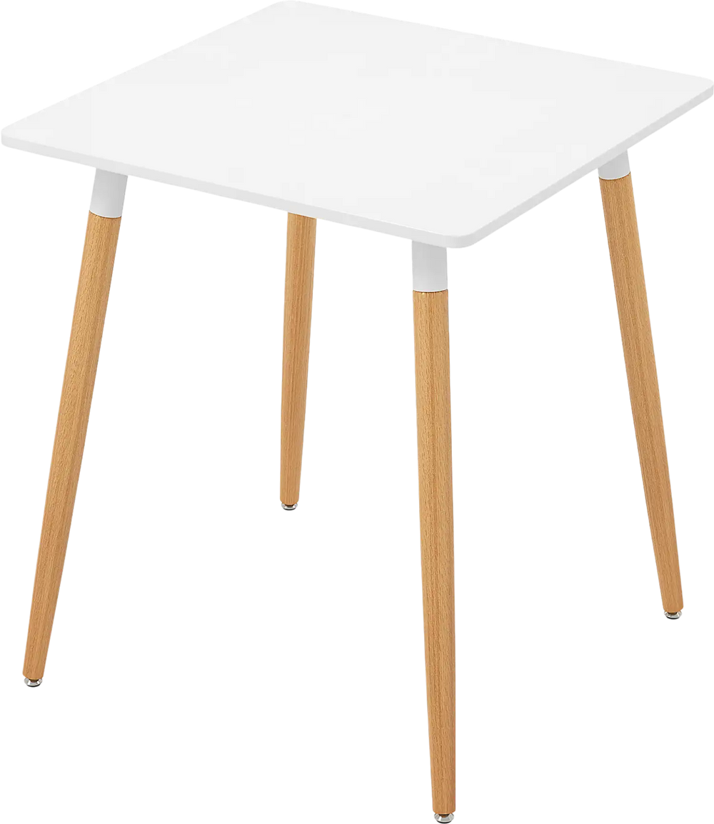 Square dining table with white high-density board top and wooden legs, perfect for small dining spaces.