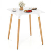 Square dining table with a smooth white surface and wooden legs, designed for easy maintenance and stability on uneven.