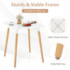 Square dining table with white high-density board top and wooden legs, featuring adjustable foot pads for stability.
