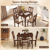 Square kitchen table set with 4 armless chairs in walnut finish, shown in use and stored away for space-saving.