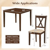 Square kitchen table with dimensions 36.5” x 36.5” and four armless chairs in walnut finish for dining.