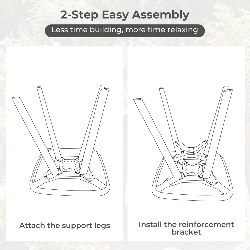 Assembly instructions for the Square Outdoor Dining Table showing support leg attachment and reinforcement bracket.