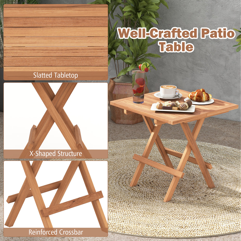 Square folding patio table made of teak wood with slatted tabletop, ideal for picnics and outdoor use.