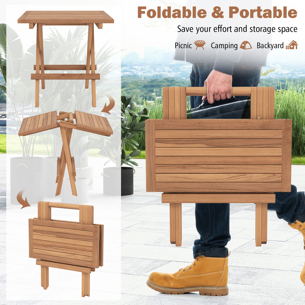 Square patio folding table made of teak wood, featuring a slatted tabletop, portable design for picnics and camping.