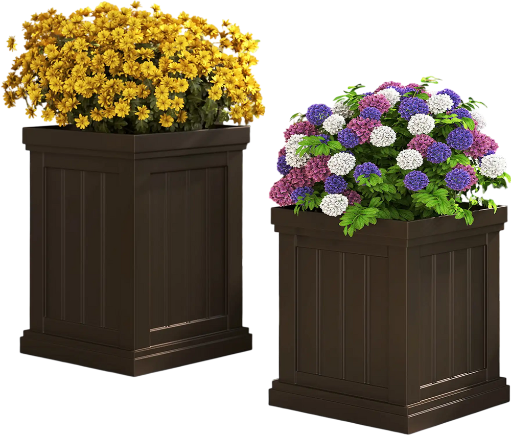 Square brown plastic planters set of 2 with drainage holes, perfect for flowers or decorative plants on a patio.