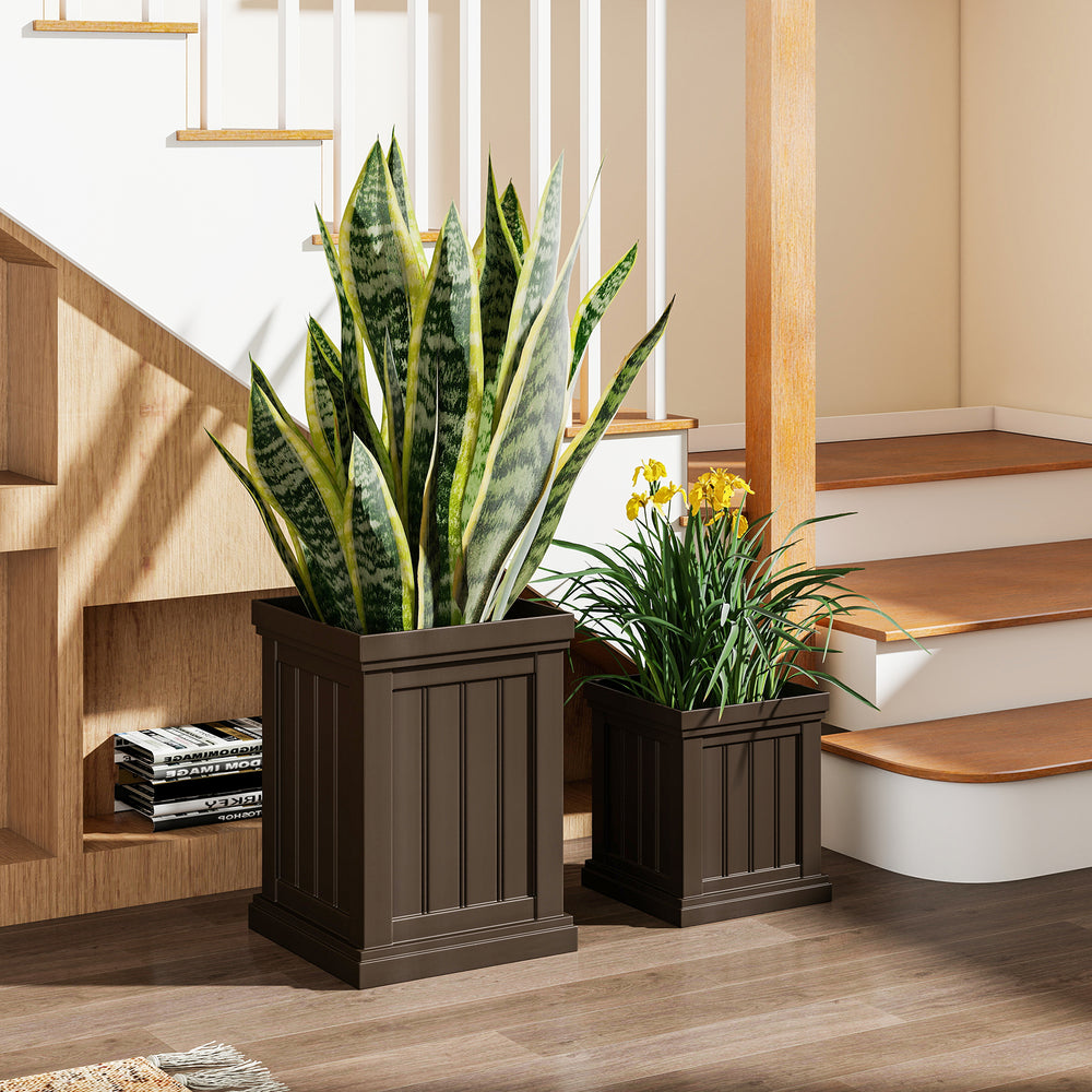 Set of 2 brown square plastic planters with drainage holes, perfect for indoor or outdoor flower display.