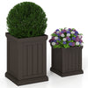 Brown square plastic planters set of 2, featuring drainage holes, ideal for flowers and indoor or outdoor use.