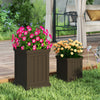 Square brown plastic planters set of 2 with flowers, featuring drainage holes for indoor and outdoor use.
