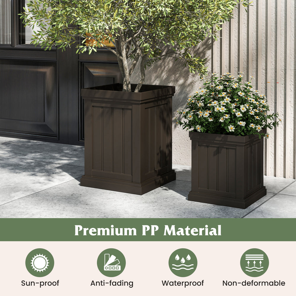 Brown square plastic planters set of 2, made of waterproof PP material, ideal for indoor and outdoor plant display.