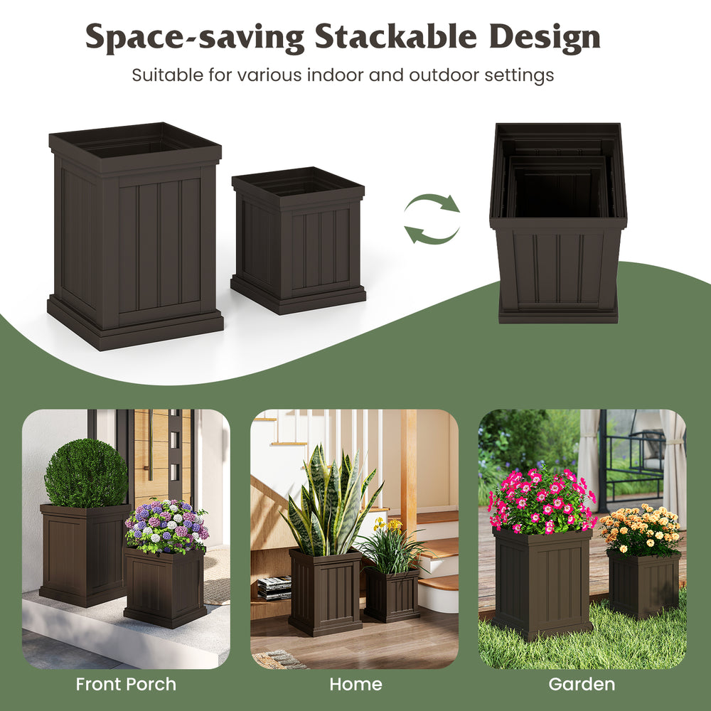 Brown square plastic planters set of 2 with drainage holes, ideal for indoor and outdoor flower arrangements.