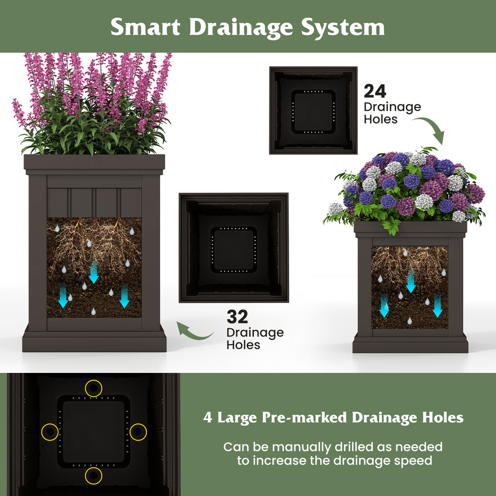 Square brown plastic planter set showing 32 and 24 drainage holes, ideal for indoor and outdoor flower display.