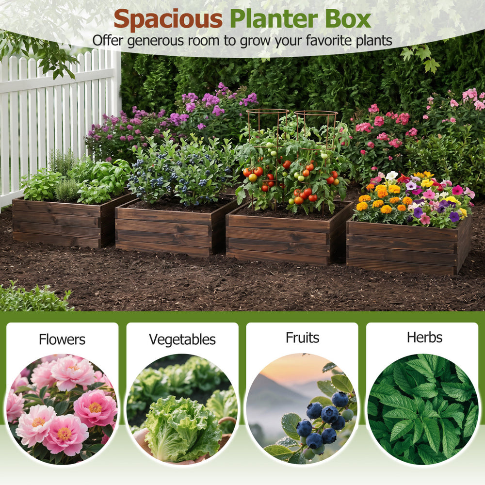 Square raised garden bed made of fir wood, perfect for growing flowers, vegetables, and herbs in your yard.