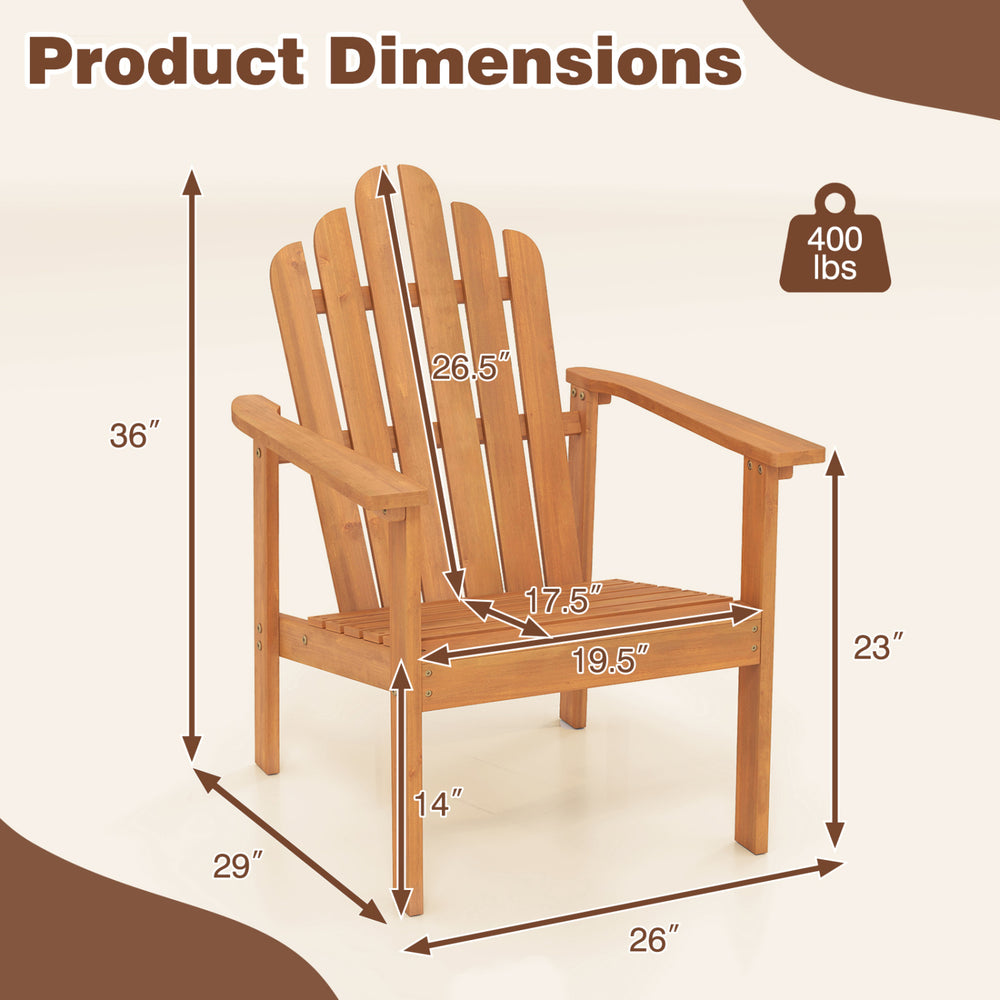 Dimensions of the Stackable Adirondack Chair, made of durable wood, supports up to 400 lbs for outdoor use.