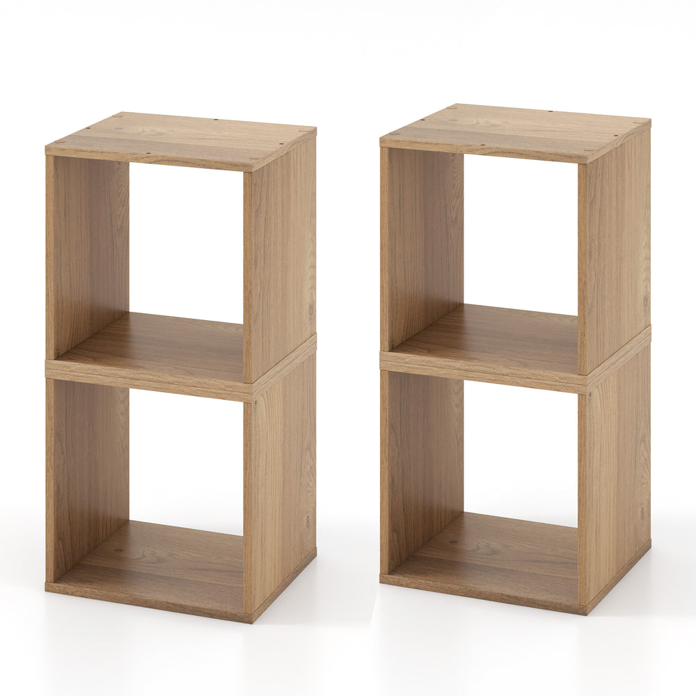 Stackable bookcase with two engineered wood cubes in natural finish, ideal for living room or study storage.
