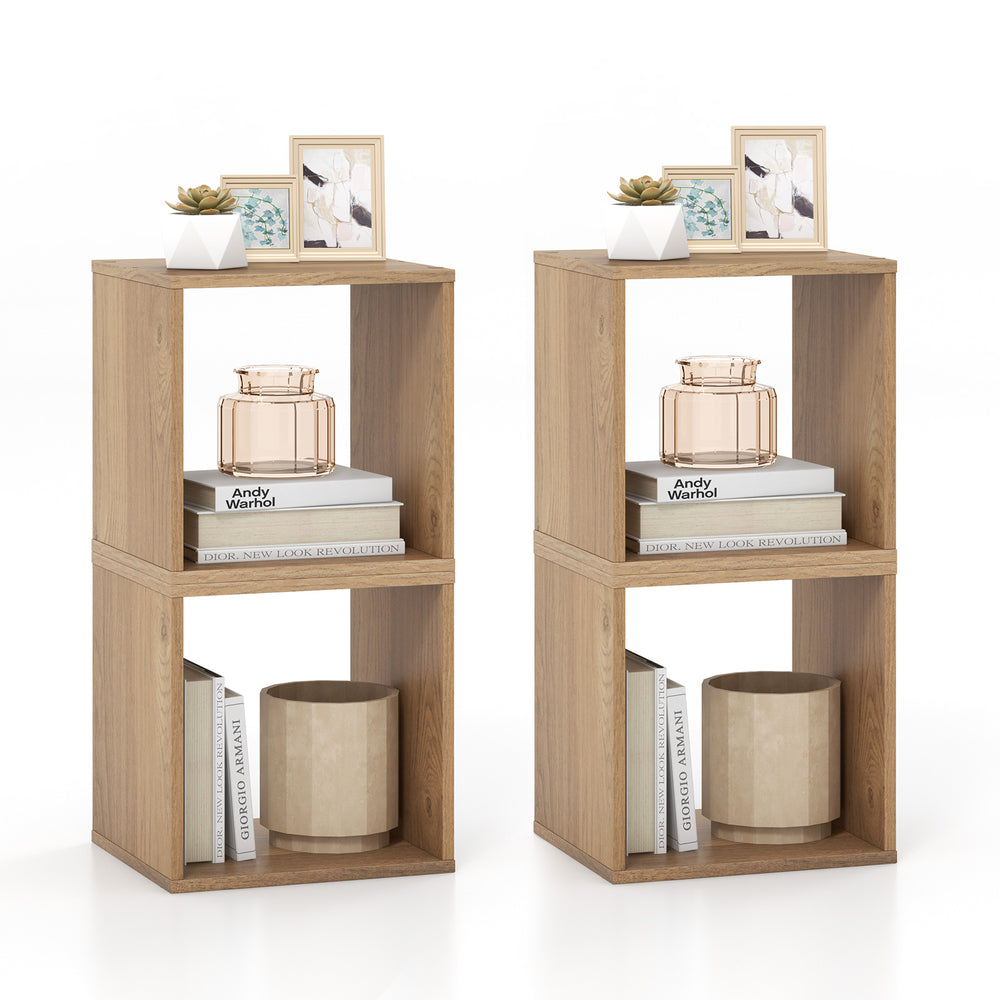 Stackable bookcase in natural wood finish featuring two cubes, ideal for living room or study storage and display.