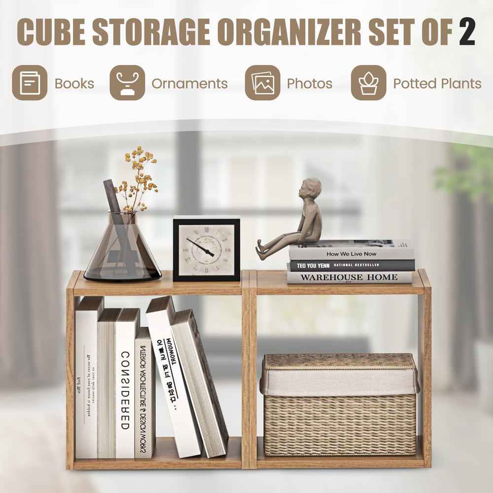 Stackable natural wood cube storage organizer set of 2, ideal for books and decor in living room or study.