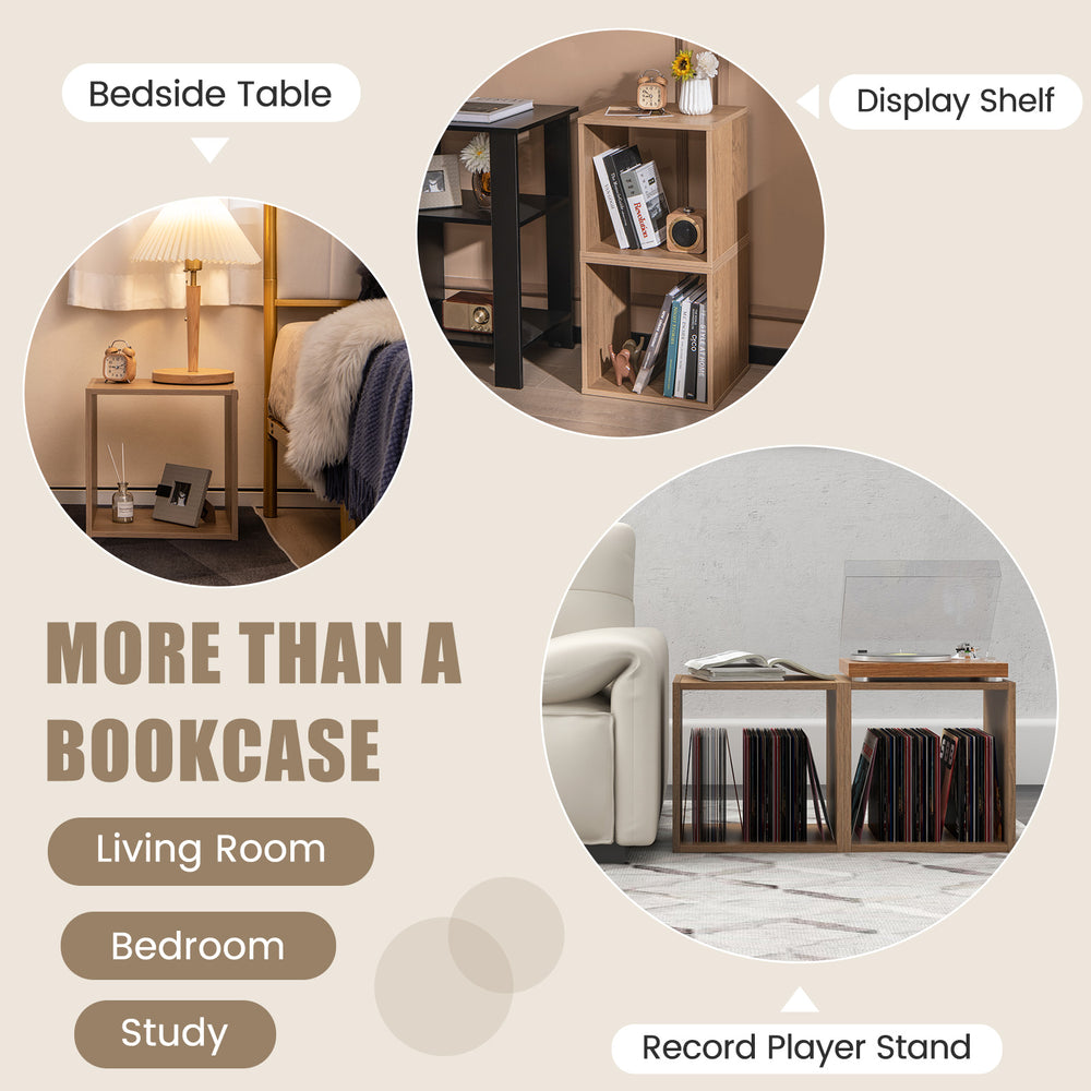 Stackable bookcase in natural wood, ideal for living room or study, featuring two cubes for versatile storage.