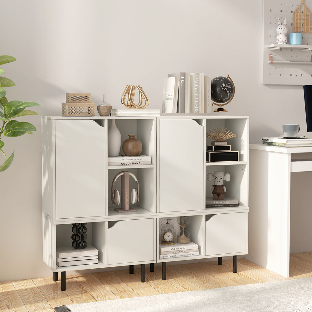 Modern white stackable bookcase with adjustable shelves and sturdy metal legs, perfect for living room or office.