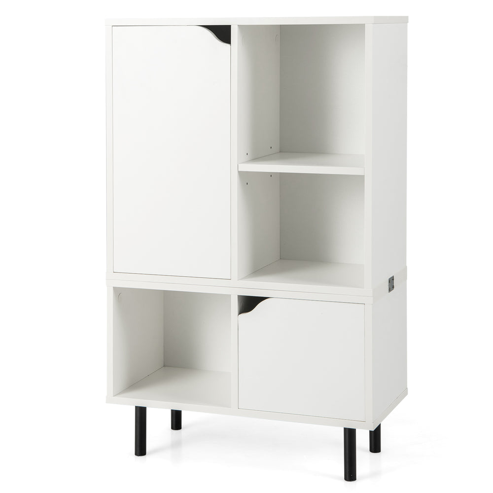 Modern white stackable bookcase with adjustable shelf and sturdy metal legs, ideal for living room or office storage.