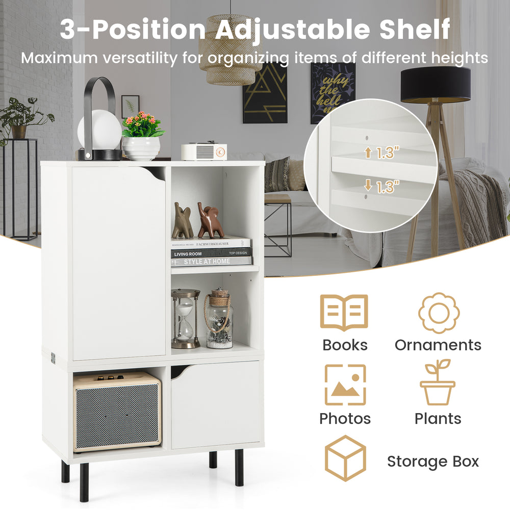 White stackable bookcase with adjustable shelf, open and enclosed storage, ideal for living room or office organization.