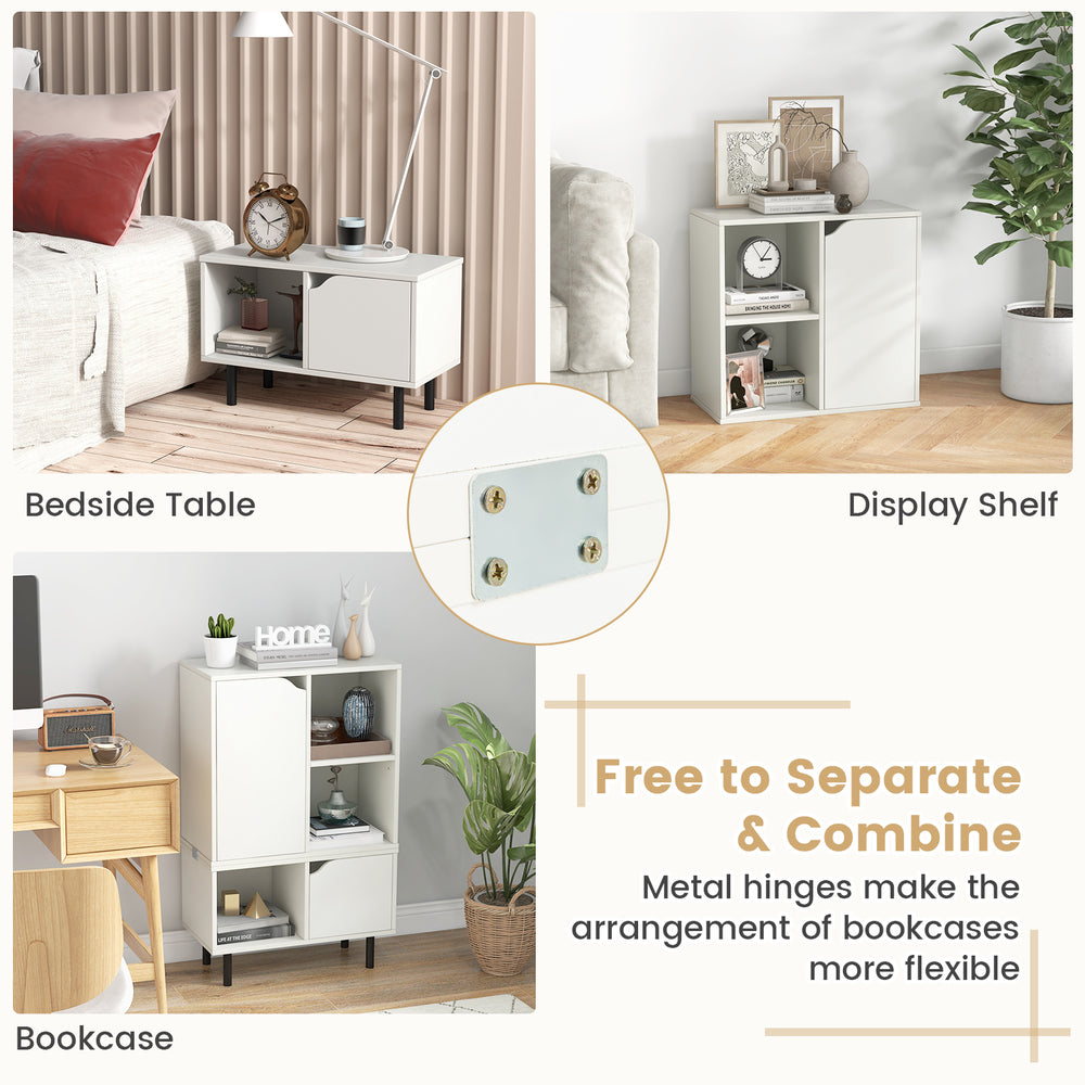 Modern stackable bookcase in white with adjustable shelves, ideal for flexible storage in living room or office.
